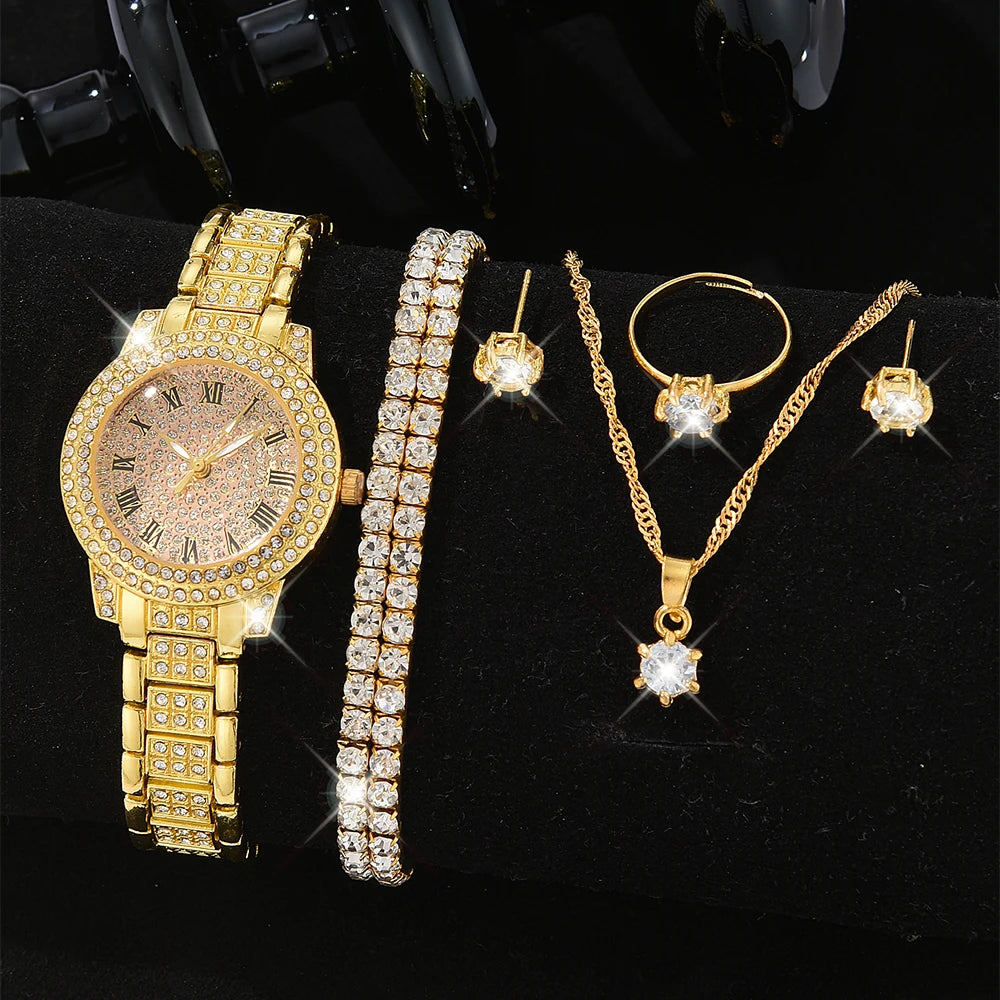 Fashion Numeric Golden Watch with Jewelry Set