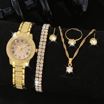 Fashion Numeric Golden Watch with Jewelry Set