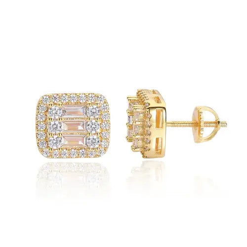925 Sterling Silver Square Screw Stud Earrings Pave CZ Iced Out Screw