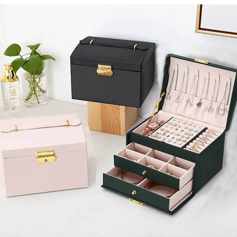 Luxury 3-Layer Leather Jewelry Box with Lock & Drawers™