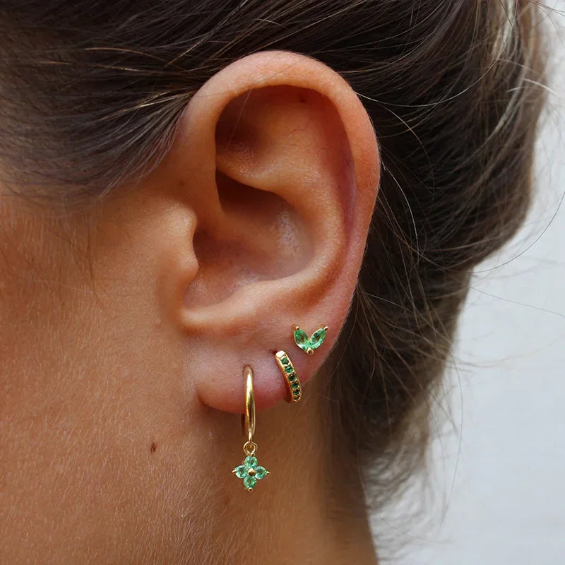 3PCS Exquisite Green Zircon Hanging Earrings Set for Women Stainless Steel Flower Dangle Earring Cartilage Piercing Jewelry