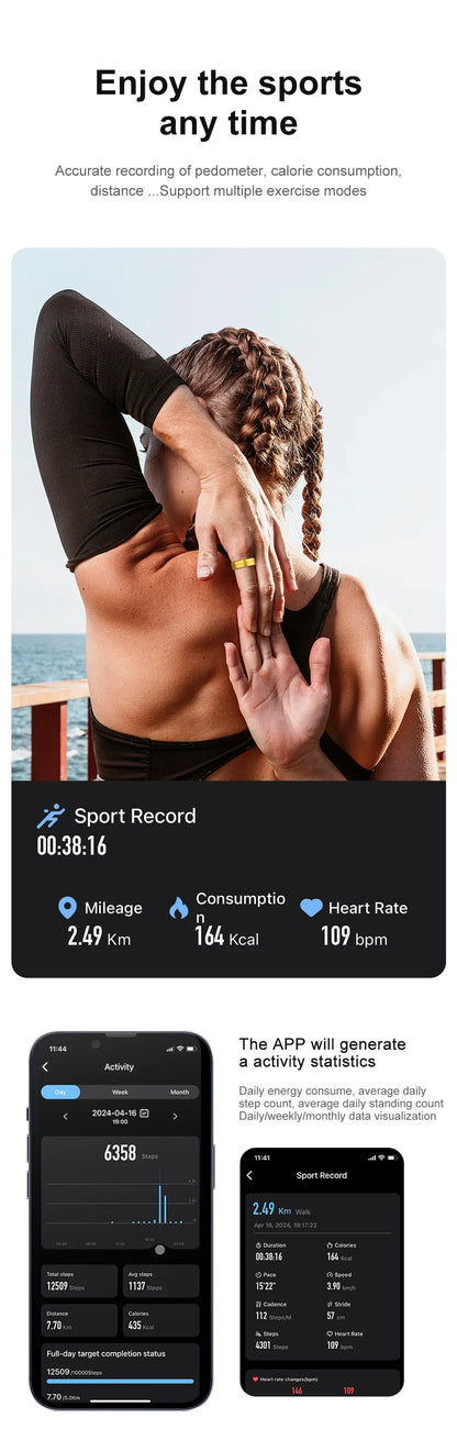 Men Women Heart Rate Blood Oxygen Monitor Waterproof Smart Ring