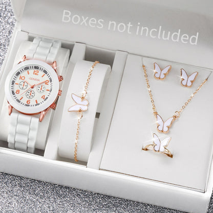 4pcs/set Geneva Fashion Silicone Band Women Quartz Watch & Heart Jewelry Set