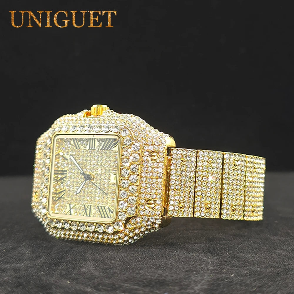 Men's Gold Watch Iced Diamond Hip Hop Square Design Wastches For Men Waterproof Calendar Fashion Luxury Wristwatches New In