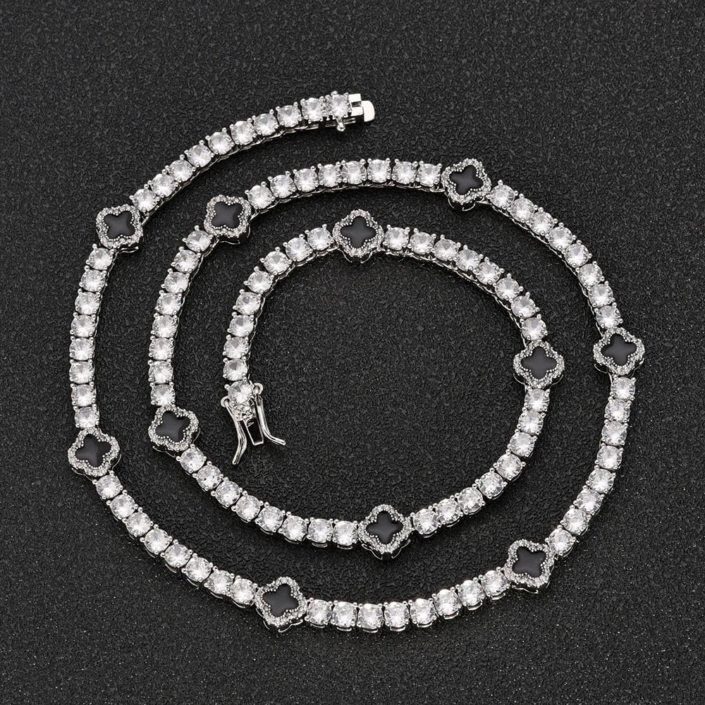 Hip Hop Ice Flower Tennis Clavicle Necklace New Cube Zirconia Brass