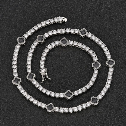 Hip Hop Ice Flower Tennis Clavicle Necklace New Cube Zirconia Brass