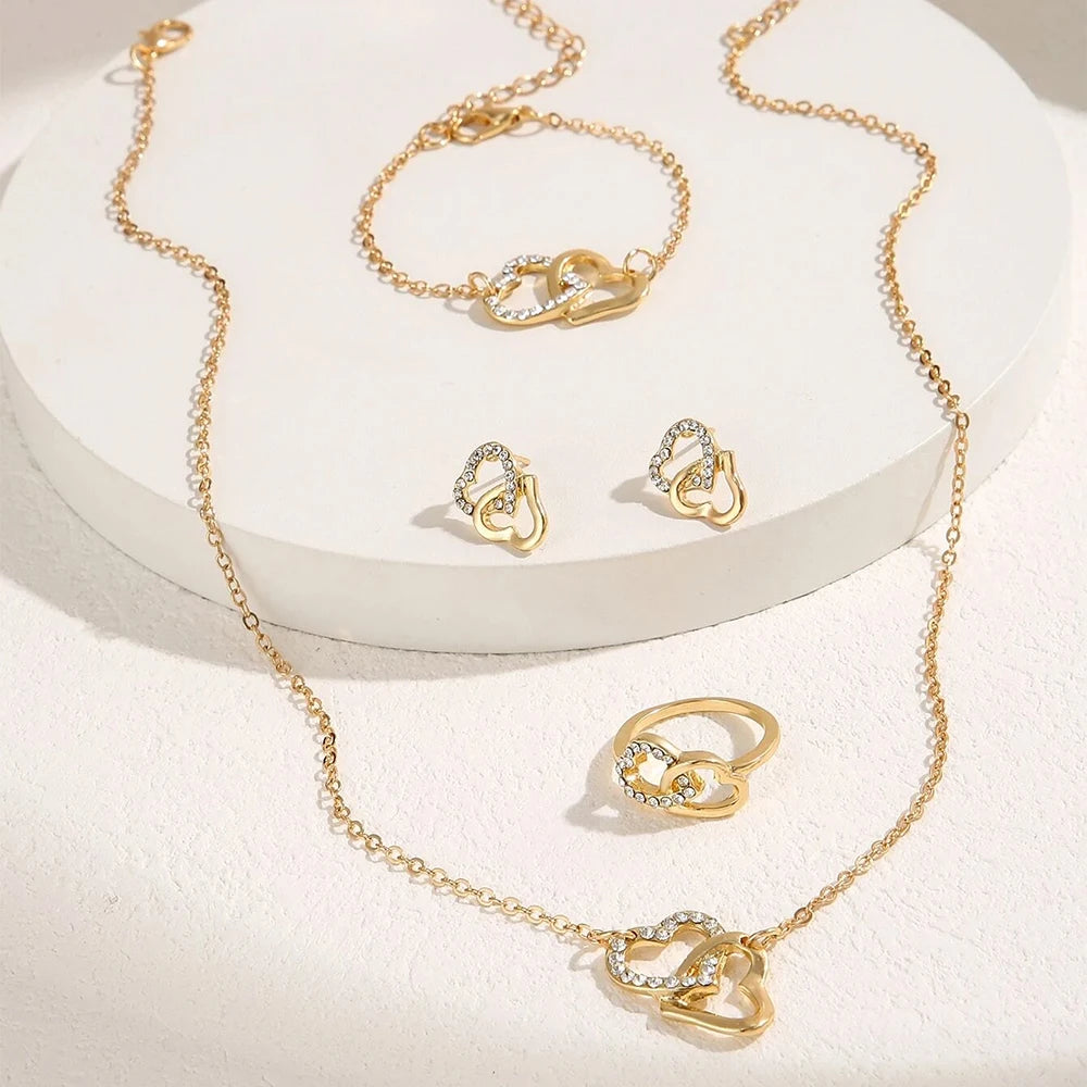 5 Piece Set Fashionable Elegant Gold Rhinestone Heart Shaped