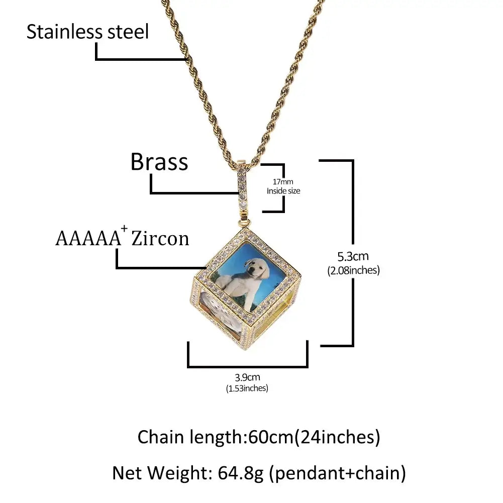 THE BLING KING Men's 3D Cube Custom Memory Photo Pendant Necklace Iced