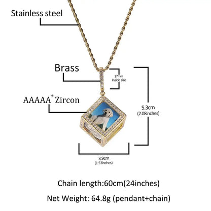 THE BLING KING Men's 3D Cube Custom Memory Photo Pendant Necklace Iced