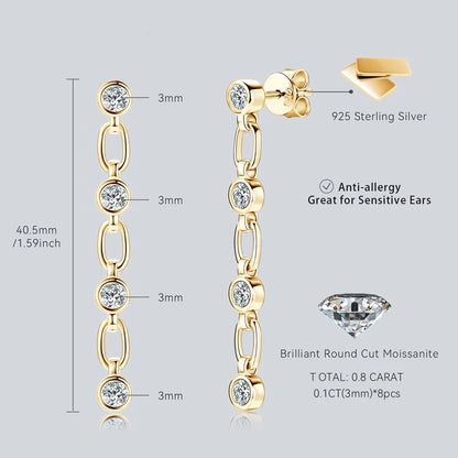 925 Sterling Silver 3mm Bezel Moissanite Long Tassel Drop Earrings