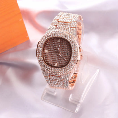 Golden Quartet Quartz Watch Stylish Square Full Sky Star Set Steel Band Diamond Calendar Men's Women's Wristwatch