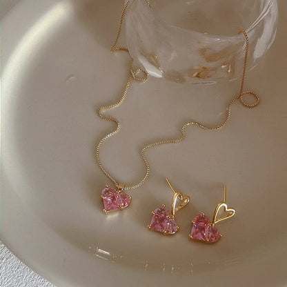 3pcs Trendy Y2k Heart-shaped Zircon Pink Crystal Pendant Earrings