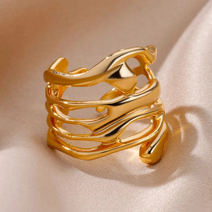 Stainless Steel Rings For Women Men Gold Color Hollow Wide Ring Female