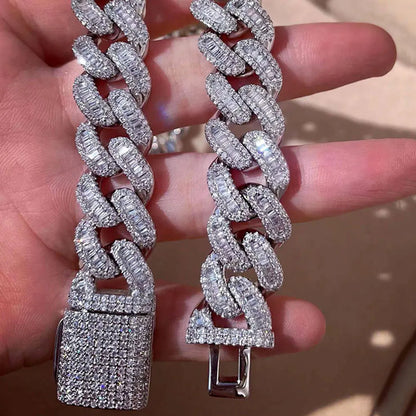 15mm Baguette Cuban Link Chain Iced Out In hand-set Simulated Diamond