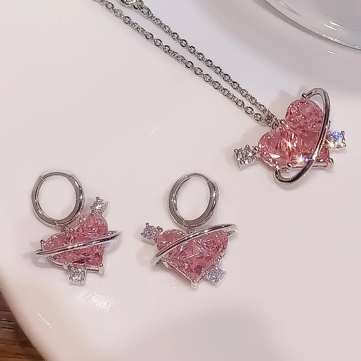 Pink Heart Pendant Necklace Earrings Women's Fashion Shiny Zircon Stud