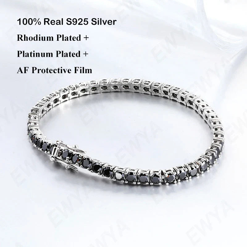 Mens Sterling Silver Bracelets -  Real 3/4/5/6.5MM Full Black Moissanite Tennis Bracelet for Women Men S925 Silver Link Bracelets Fine Jewelry