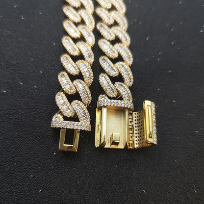 15mm Baguette Cuban Link Chain Iced Out In hand-set Simulated Diamond
