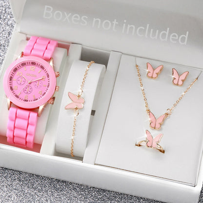 4pcs/set Geneva Fashion Silicone Band Women Quartz Watch & Heart Jewelry Set