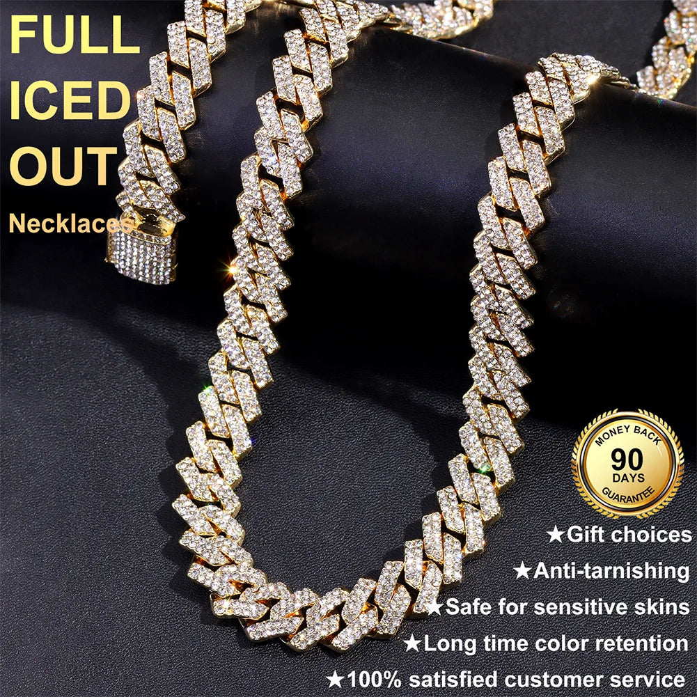 16/18/20/22/24inch Prong Cuban Link Chain for Women Men Iced Out 2 Row