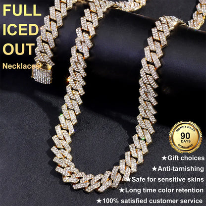 16/18/20/22/24inch Prong Cuban Link Chain for Women Men Iced Out 2 Row
