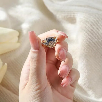 2pc/set Summer Couple Ring Set Sky Blue Sparkling Moon and Sun Ring