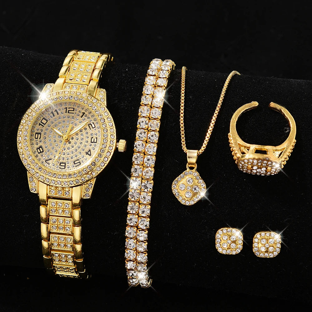 Fashion Numeric Golden Watch with Jewelry Set