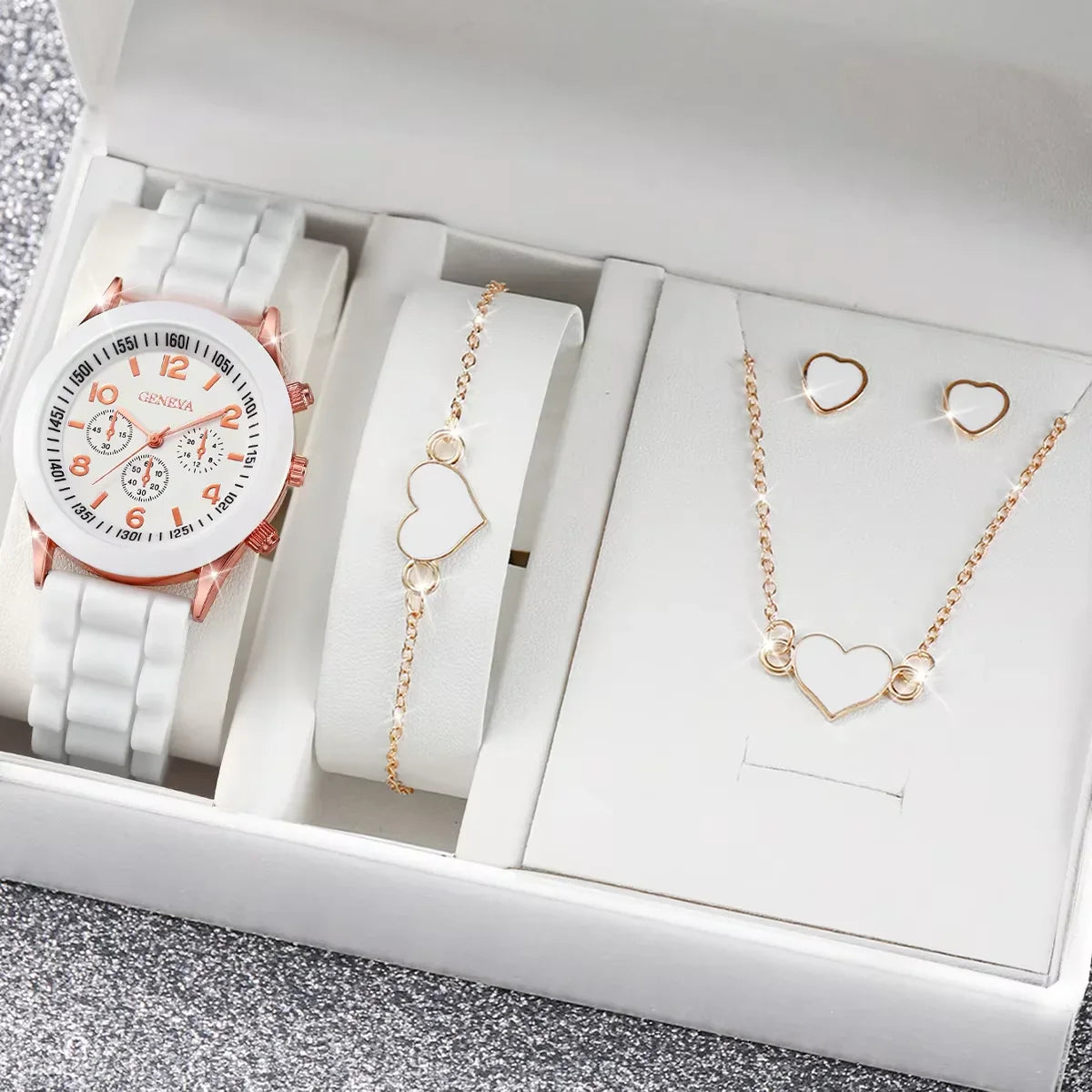 4pcs/set Geneva Fashion Silicone Band Women Quartz Watch & Heart Jewelry Set
