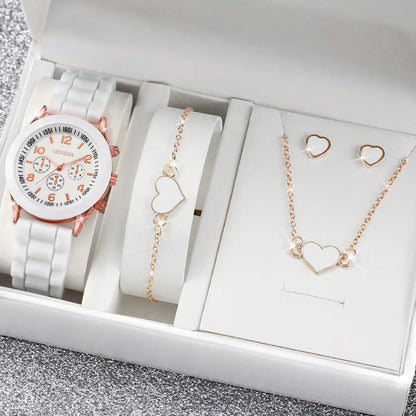 4pcs/set Geneva Fashion Silicone Band Women Quartz Watch & Heart Jewelry Set