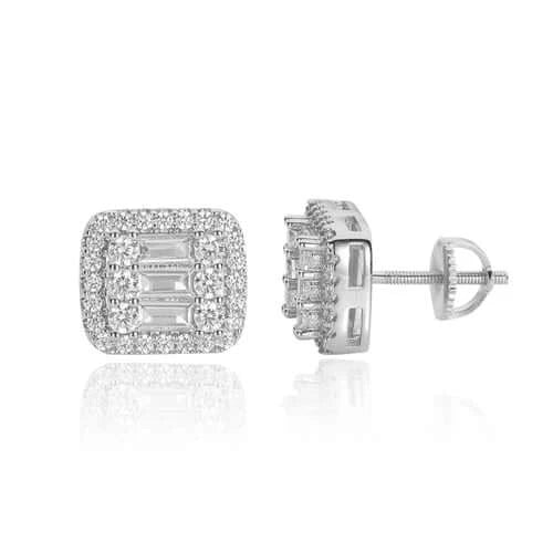 925 Sterling Silver Square Screw Stud Earrings Pave CZ Iced Out Screw