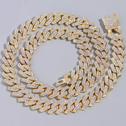 Iced Out Bling AAA Rhinestones Prong Cuban Link Chain Men's Necklace 2 Row Crystal Curb Cuban Chain Hip Hop Jewelry 13/14/20MM