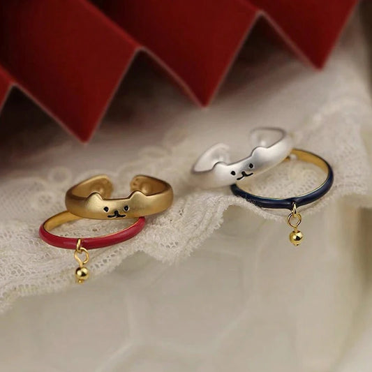 New Japanese Open Adjustable Ring Cute Cat Bell Cat Claw Oil Dropping Enamel Ring Decorative Gift