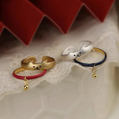 New Japanese Open Adjustable Ring Cute Cat Bell Cat Claw Oil Dropping Enamel Ring Decorative Gift