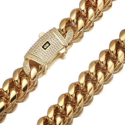 6-14mm Gold Color Stainless Steel Cuban Miami Chains Necklaces CZ Zircon Box Lock Link Chain for Men Hip Hop Rock jewelry