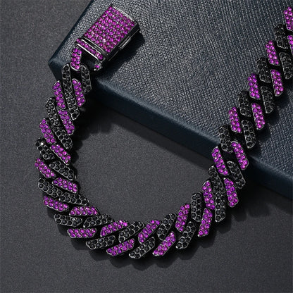 12MM Rhombus Prong Cuban Link Chain 2Row Purple Iced Out Rhinestones Rapper Necklaces Bracelet For Men Women Choker Jewelry