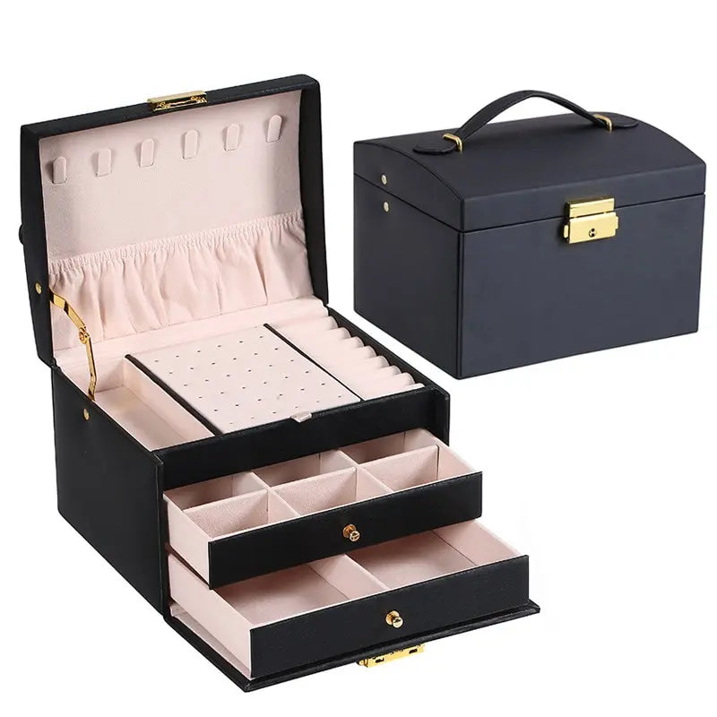 Luxury 3-Layer Leather Jewelry Box with Lock & Drawers™