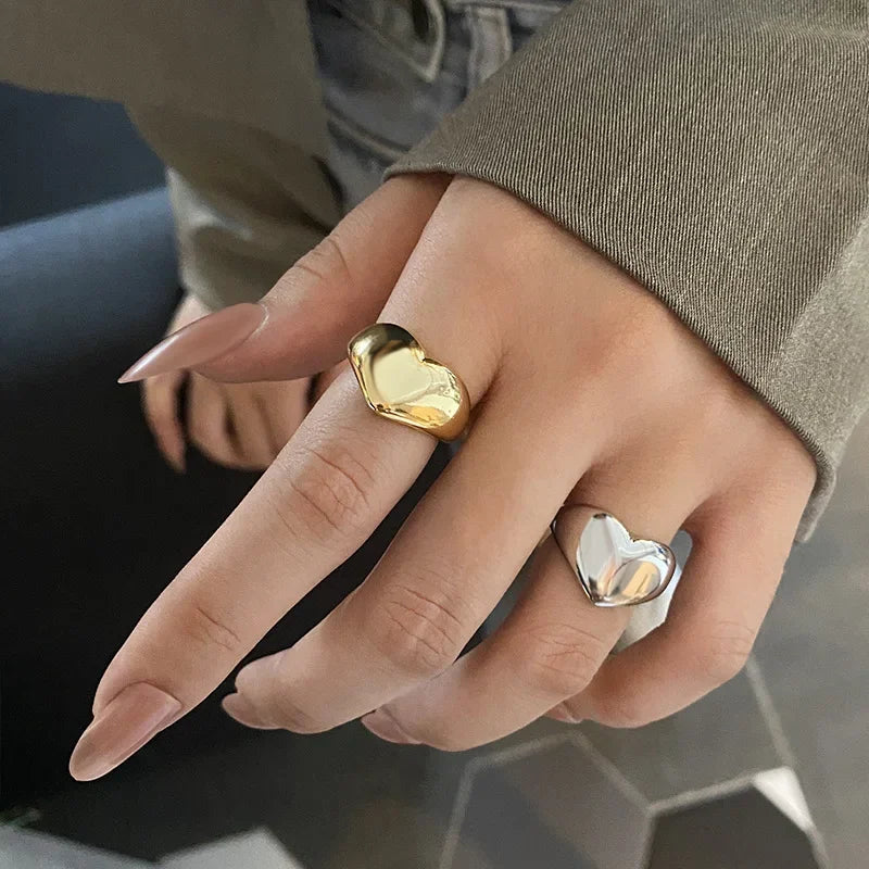 Stainless Steel Simple Smooth Metal Heart Rings For Women Men Y2K