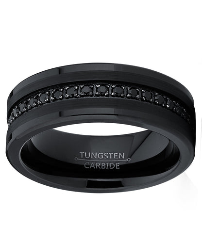 Men's Genuine Tungsten Black Wedding Band Eternity Ring Cubic Zirconia Comfort-Fit