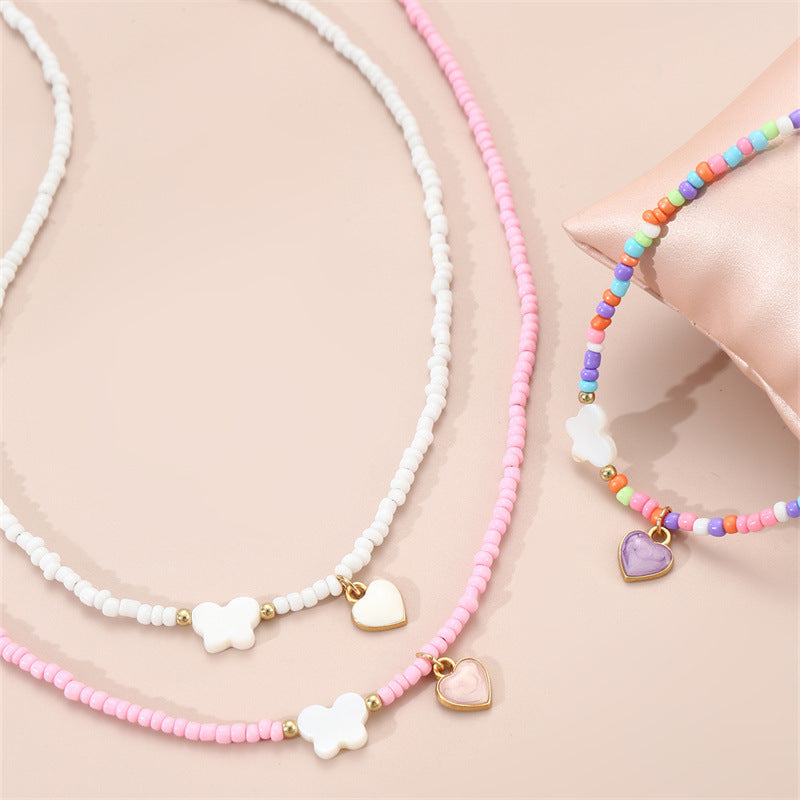 Girls Jewelry Oil Drop Butterfly Pendant Handmade Beaded Necklace Set