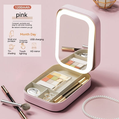 Makeup Storage Box With LED Light Mirror Portable Travel Makeup Cosmetics