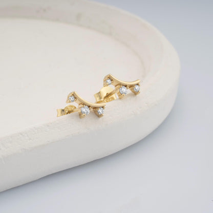 14K Gold Diamond Curve Stud Earrings/ Elegant Gold Ear Climbers for Women/ Delicate Gold Jewelry/ Gold Stud Earrings/ Gift for Her